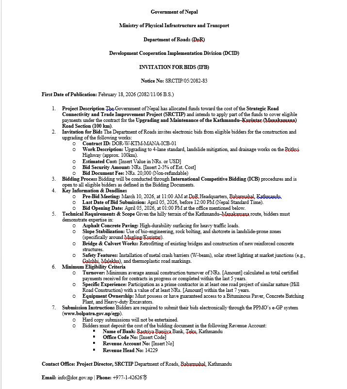 Upgrading and Maintenance of the Kathmandu–Kurintar (Manakamana) Road
Section (100 km)